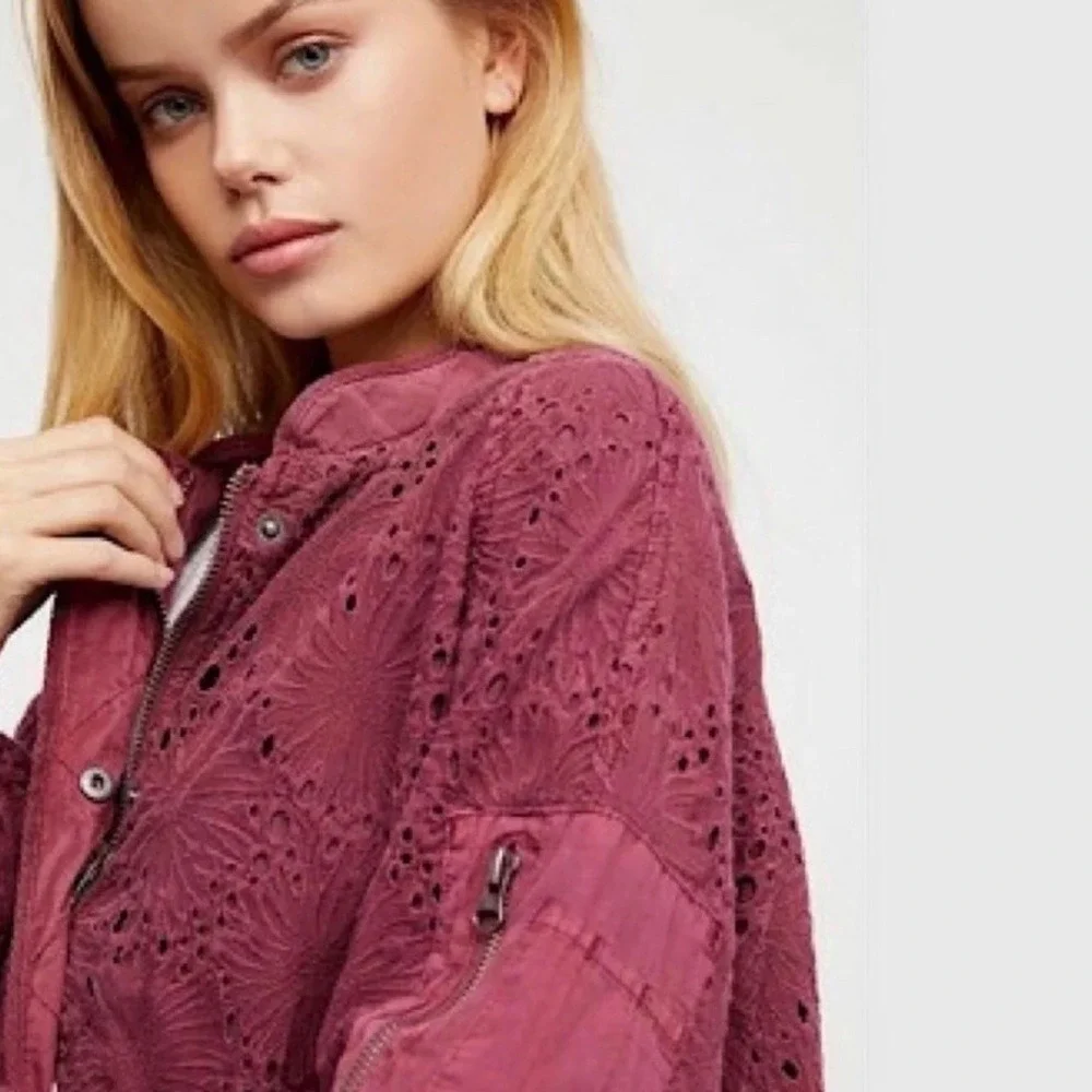 Free People Daisy Jane Eyelet Embroidered Bomber Jacket In Raspberry